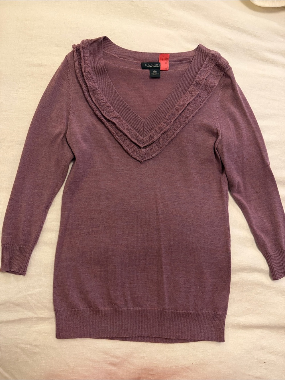 Banana Republic Plum V-Neck Merino Wool Sweater with Ruffle Trim